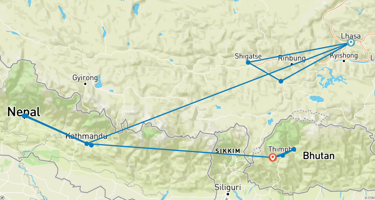 Mapa do percurso de VIAGEM PELAS CIDADES ANTIGAS DO BUTÃO, NEPAL E TIBETE