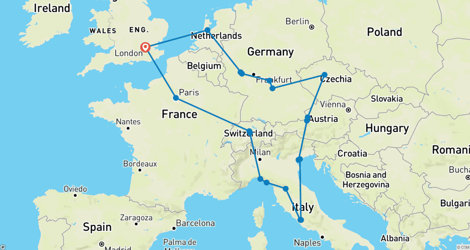 Mapa do percurso de Descoberta Europeia (Pequenos Grupos, Início em Londres, Fim em Londres)