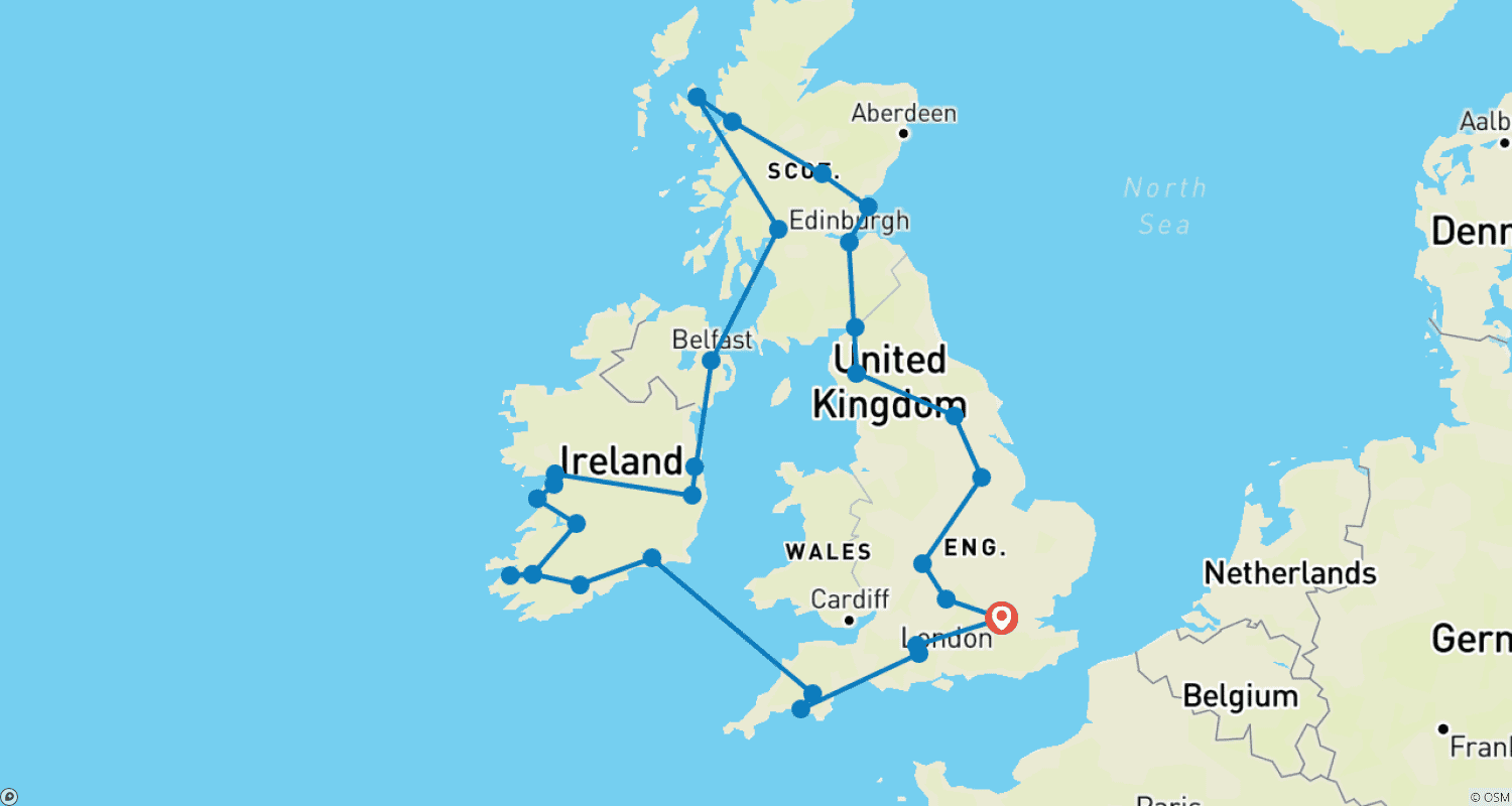 Mapa do percurso de Grã-Bretanha e Irlanda Românticas (Pequenos Grupos, Verão, 20 Dias)