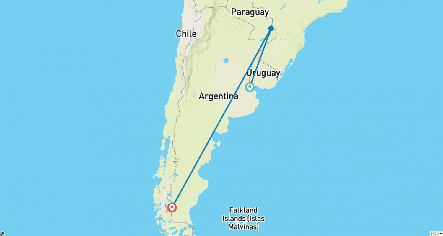 Mapa do percurso de Buenos Aires, Cataratas do Iguaçu e El Calafate