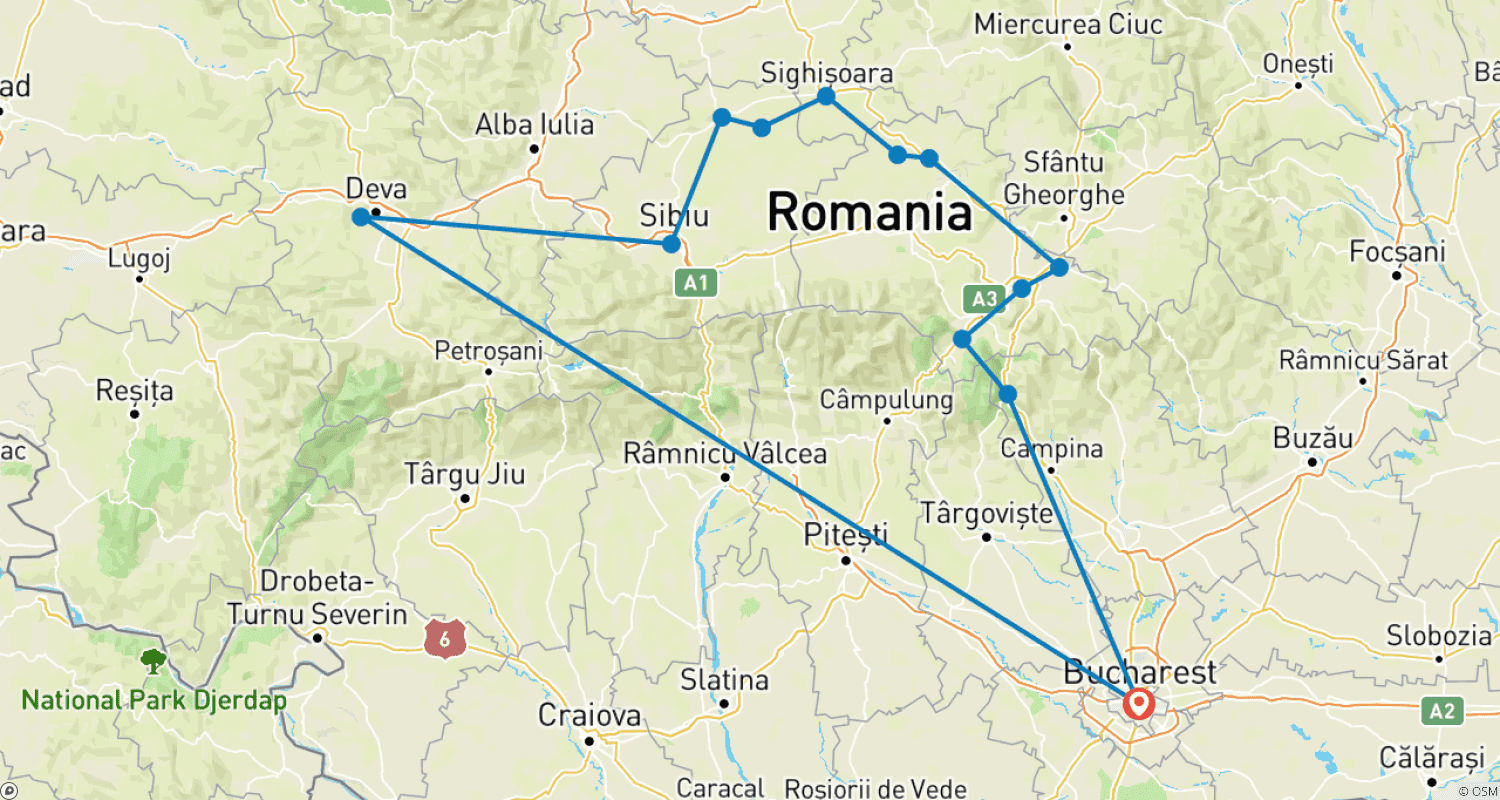 Mapa do percurso de Castelos Medievais e Igrejas Fortificadas da Transilvânia - 4 dias