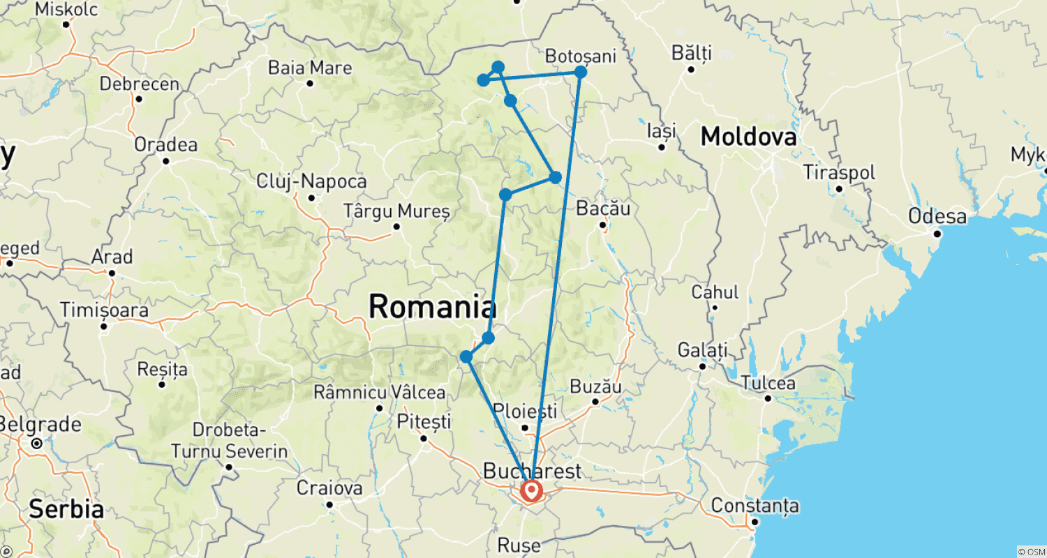 Mapa do percurso de Excursão pela Bucovina e Transilvânia – 3 dias