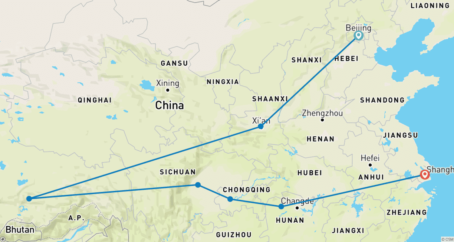 Mapa do percurso de Tour de Impressões Privado 14D: Pequim, Xi'an, Lhasa, Chengdu, Chongqing, Zhangjiajie, Xangai