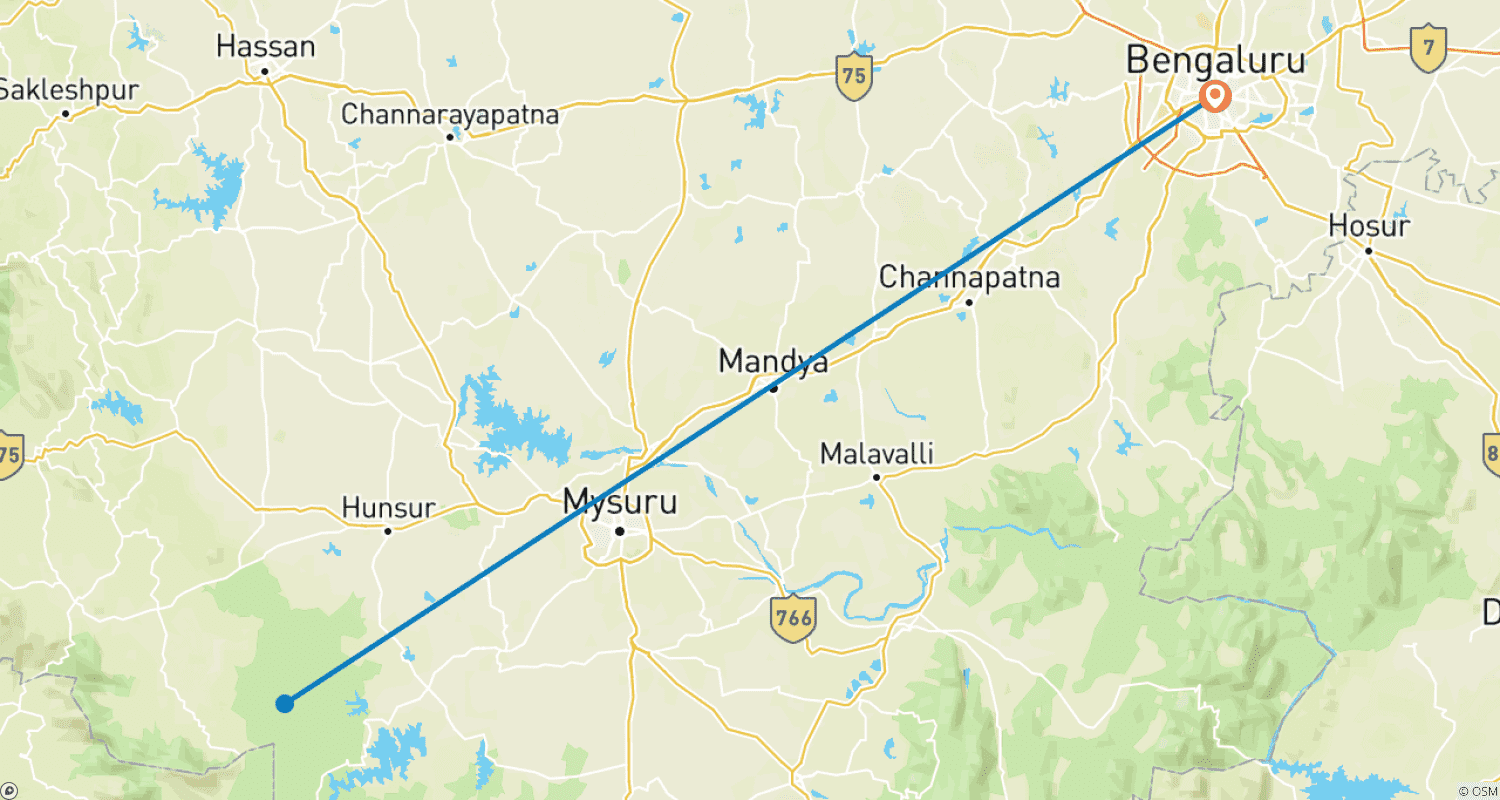 Mapa do percurso de De Bangalore ao Parque Nacional de Nagarhole