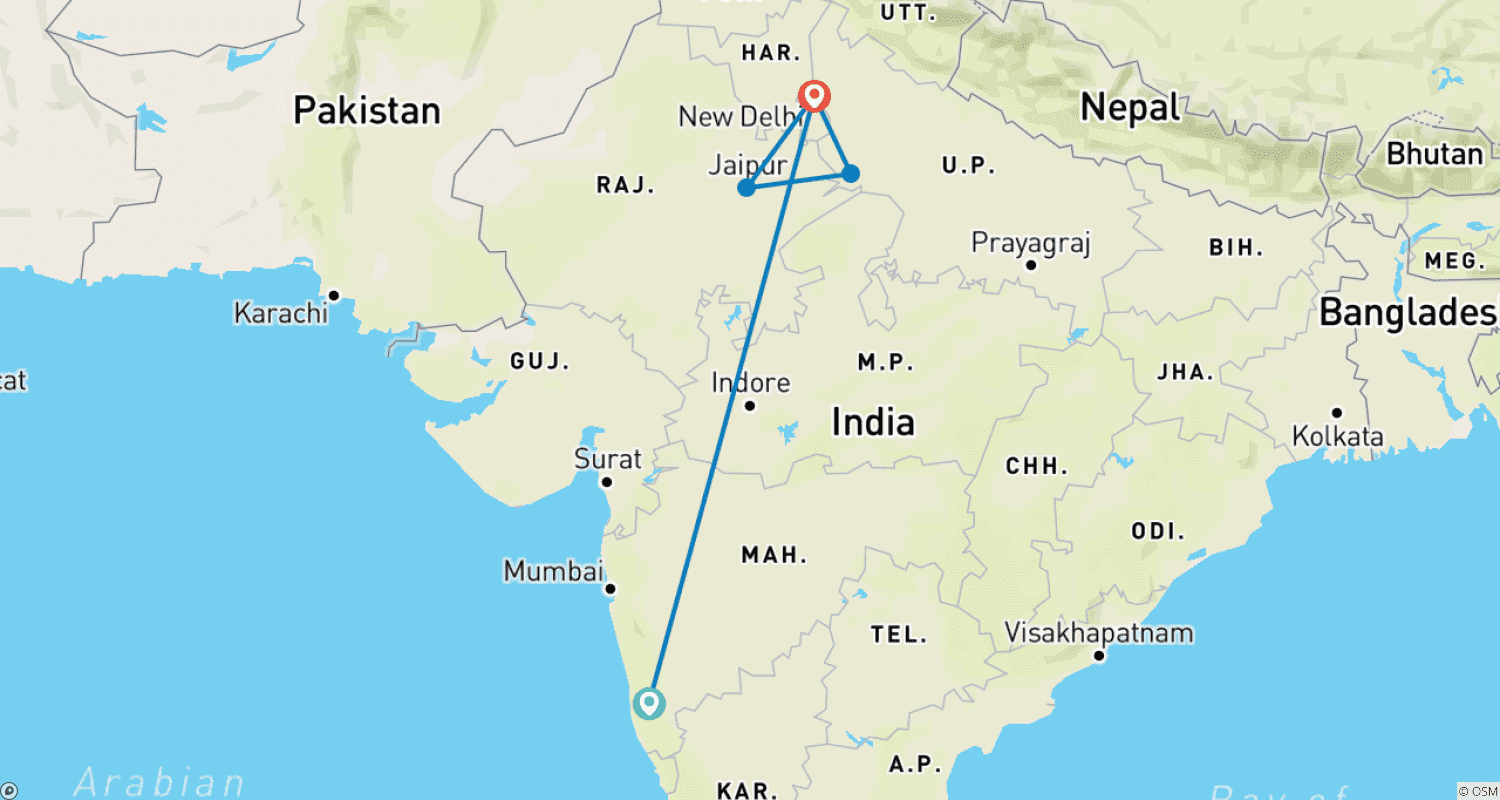 ゴアからデリーへ空路で:インドのゴールデントライアングルを巡る旅のルートマップ