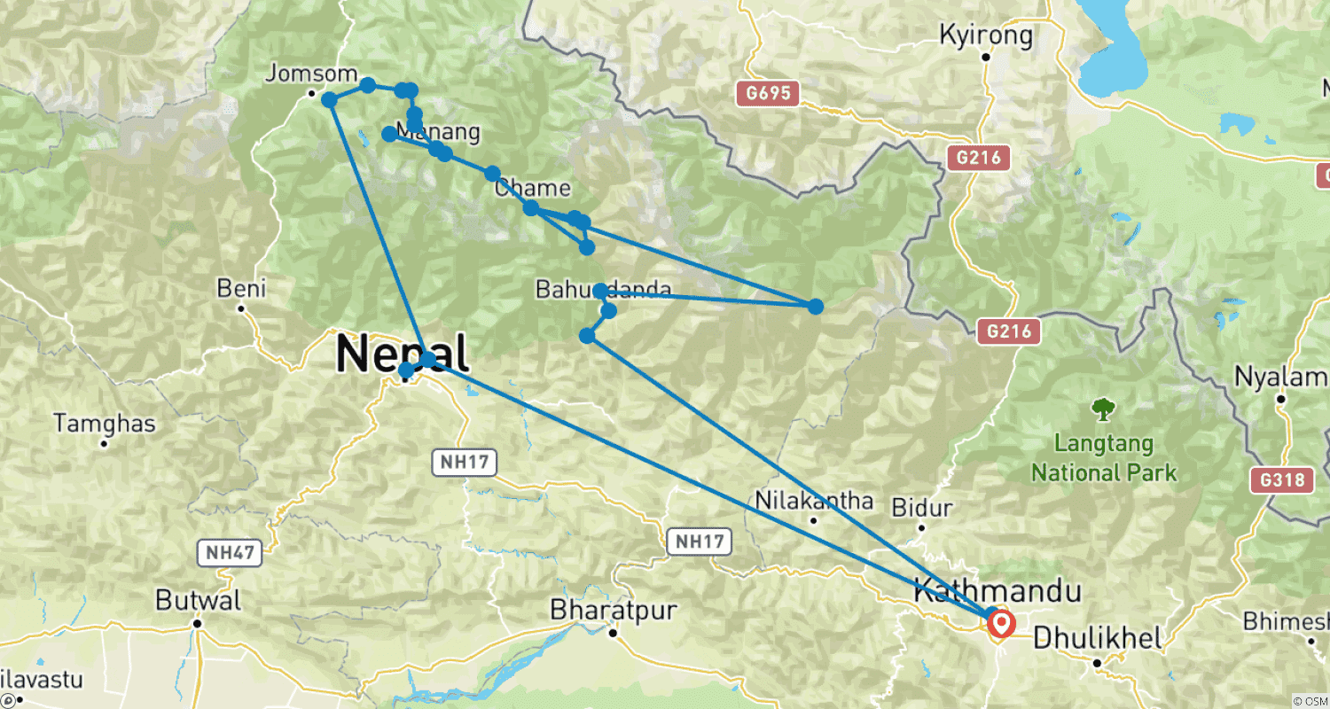 Mapa trasy: Annapurna Circuit Trekking 14 Days
