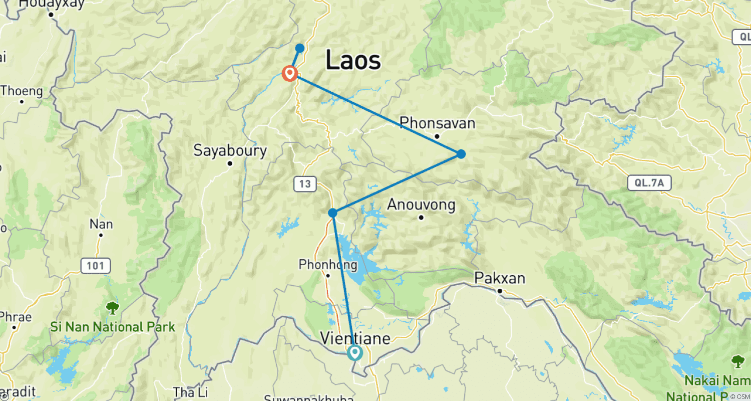 Mapa trasy: Migawki z Laosu 9 dni (Wientian – Vang Vieng – Xieng Khuang – Luang Prabang)