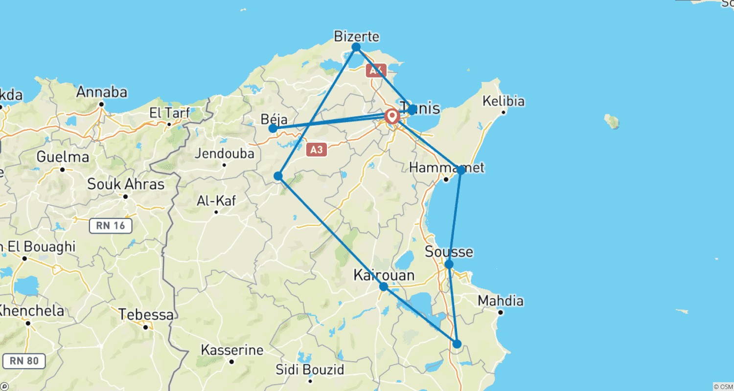 Mapa trasy: Tunezja – UNESCO – Miejsca światowego dziedzictwa