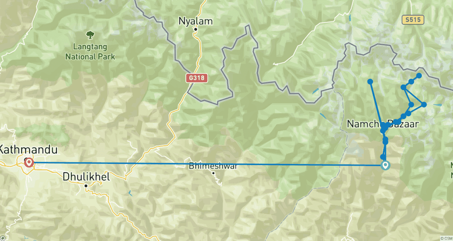 Mapa do percurso de Caminhada de 13 Dias ao Acampamento Base do Everest