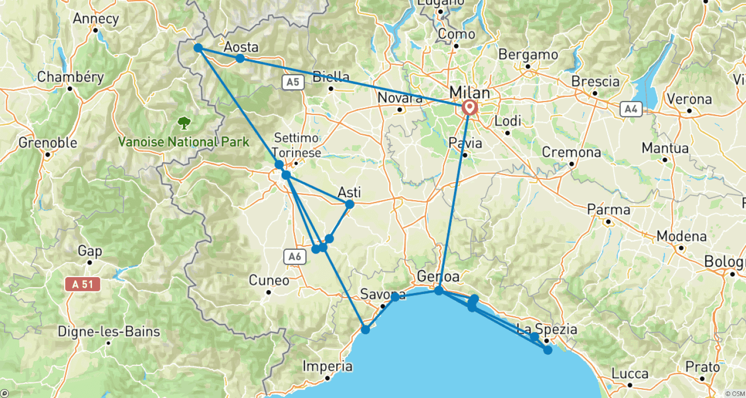 Mapa do percurso de 7 Dias Riviera Italiana e Piemonte – saindo de Milão