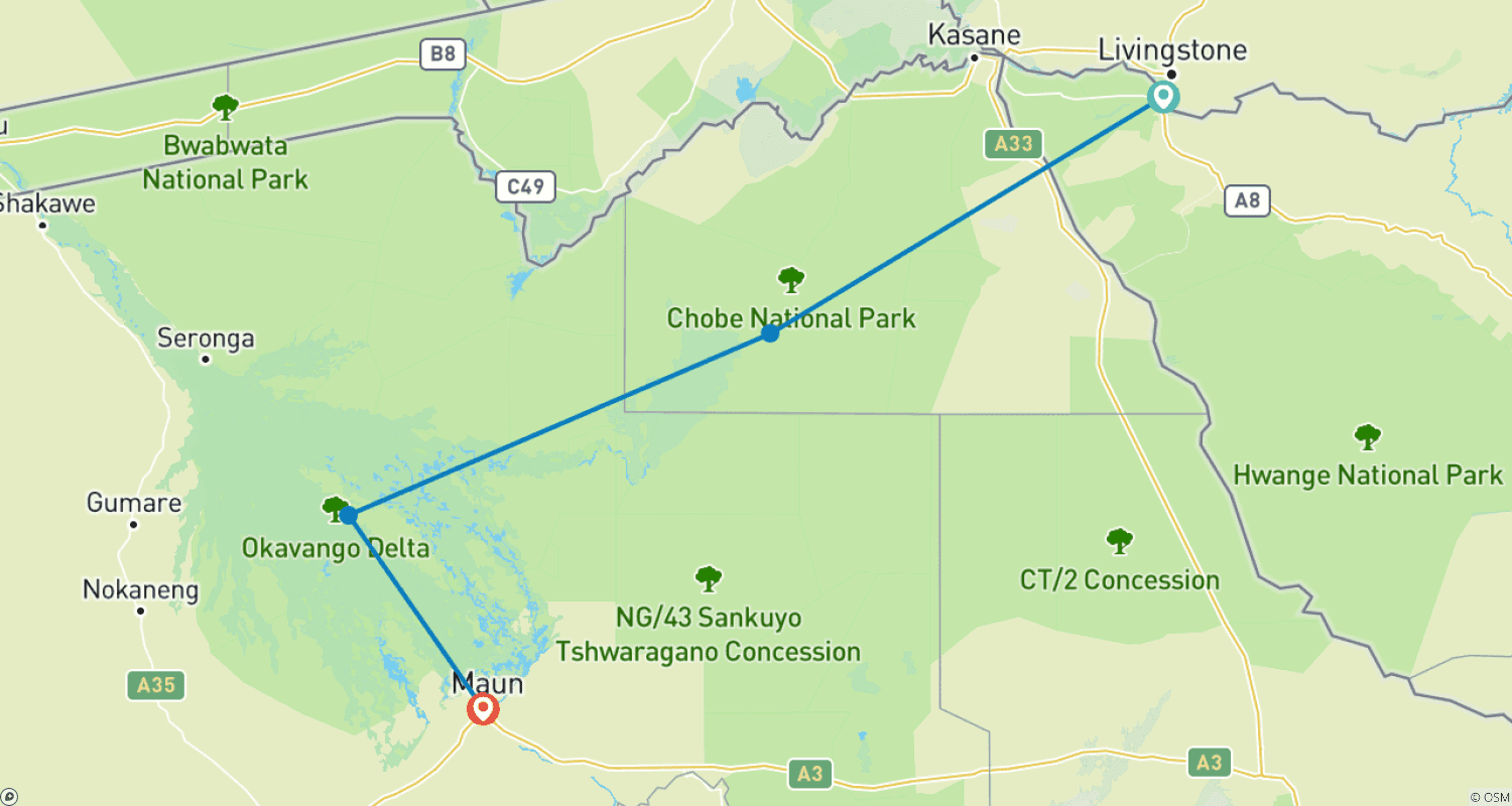 Mapa do percurso de 7 Dias de Safari em Chobe, Cataratas Vitória e Okavango Delta