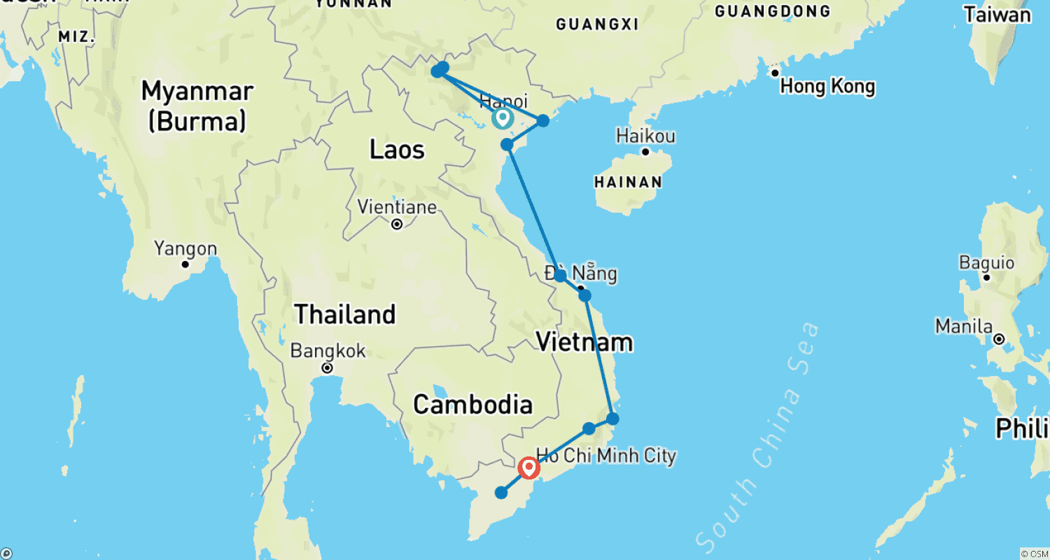 Mapa do percurso de Essentials of Vietnam 20 days 19 nights (Hanoi, Sapa, Ha Long, Hue, Hoi An, Nha Trang, Da Lat, Sai Gon, Mekong Detal)