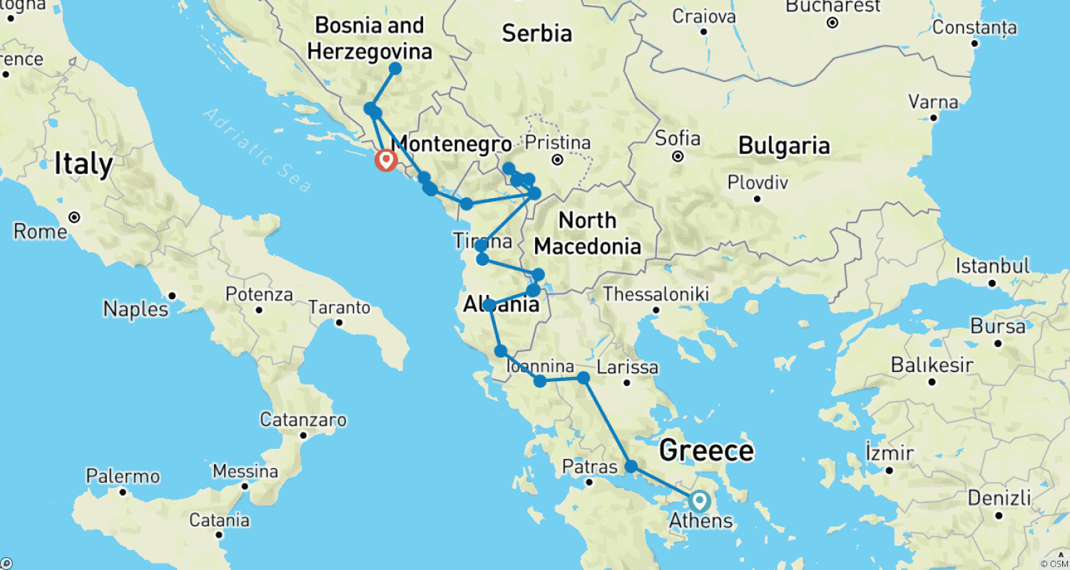 Mapa do percurso de De Atenas a Dubrovnik / Split; Tour Semiprivativo com Líder de Tour Dedicado e Carro