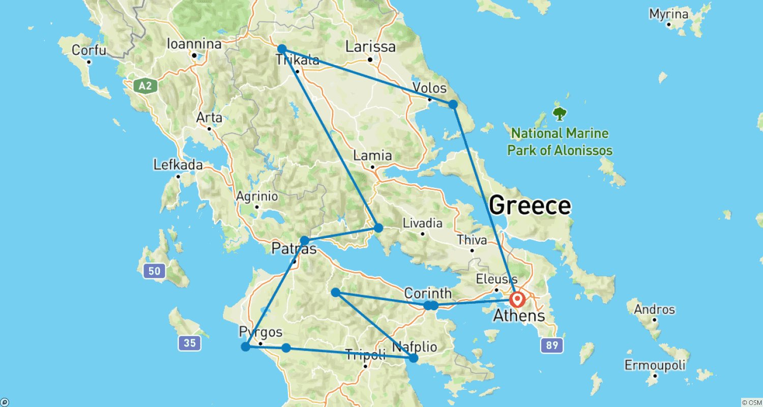 6日間 ギリシャ絶景列車と歴史遺産巡りの旅のルートマップ