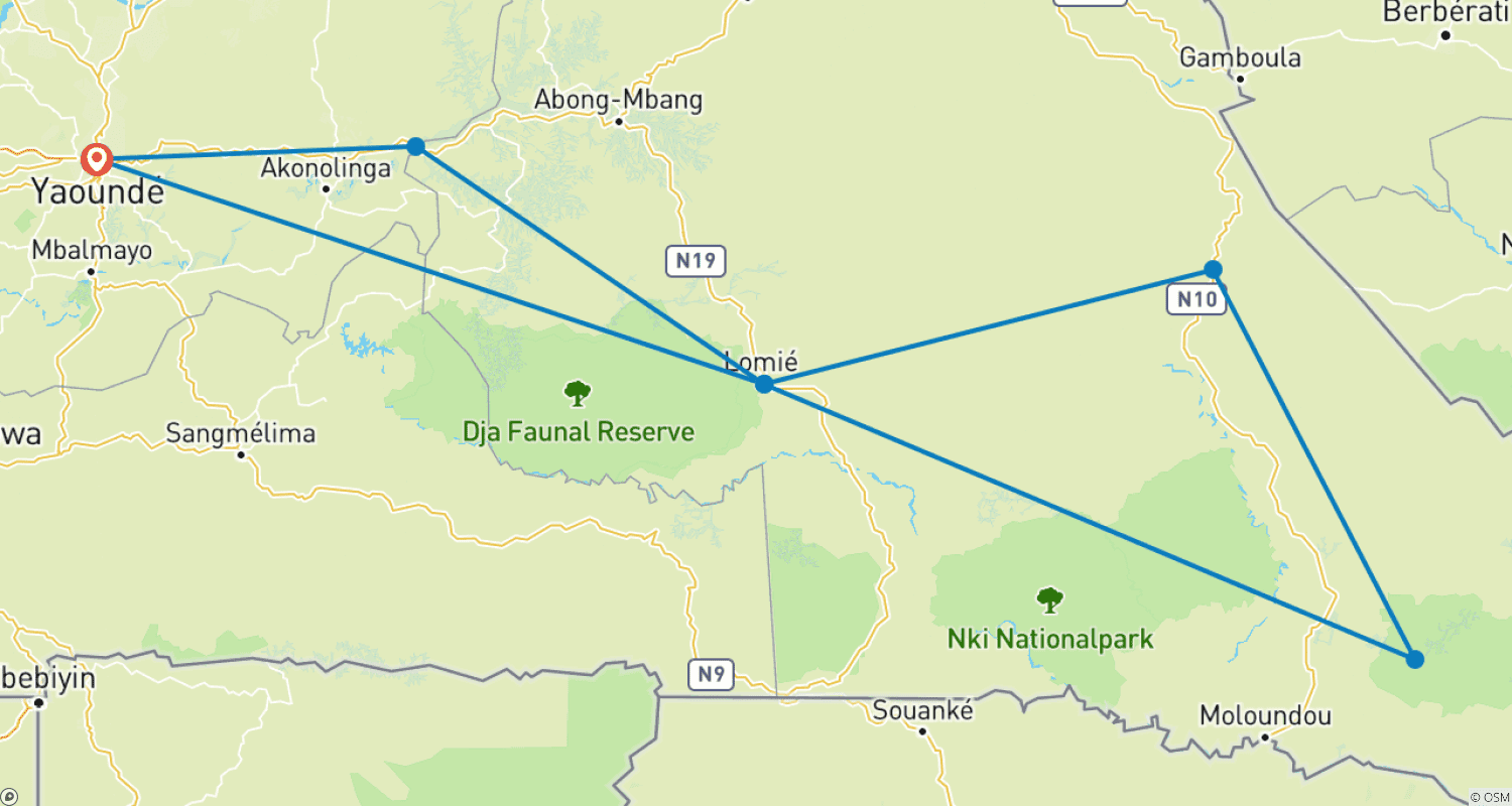 Mapa do percurso de Azobe East Adventure Safari 13D/12N