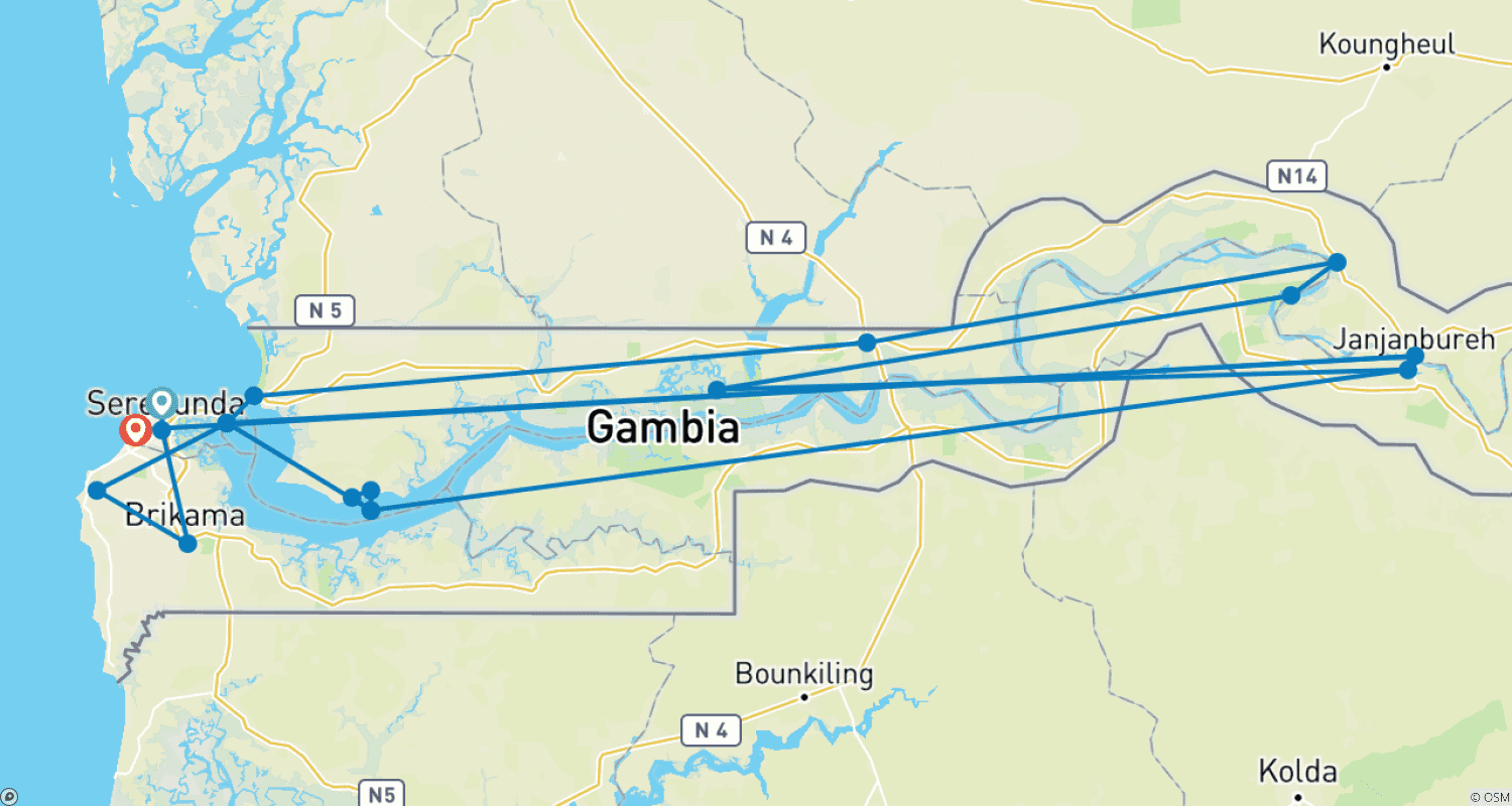Mapa do percurso de Experiência na Gâmbia: 10 Dias/09 Noites