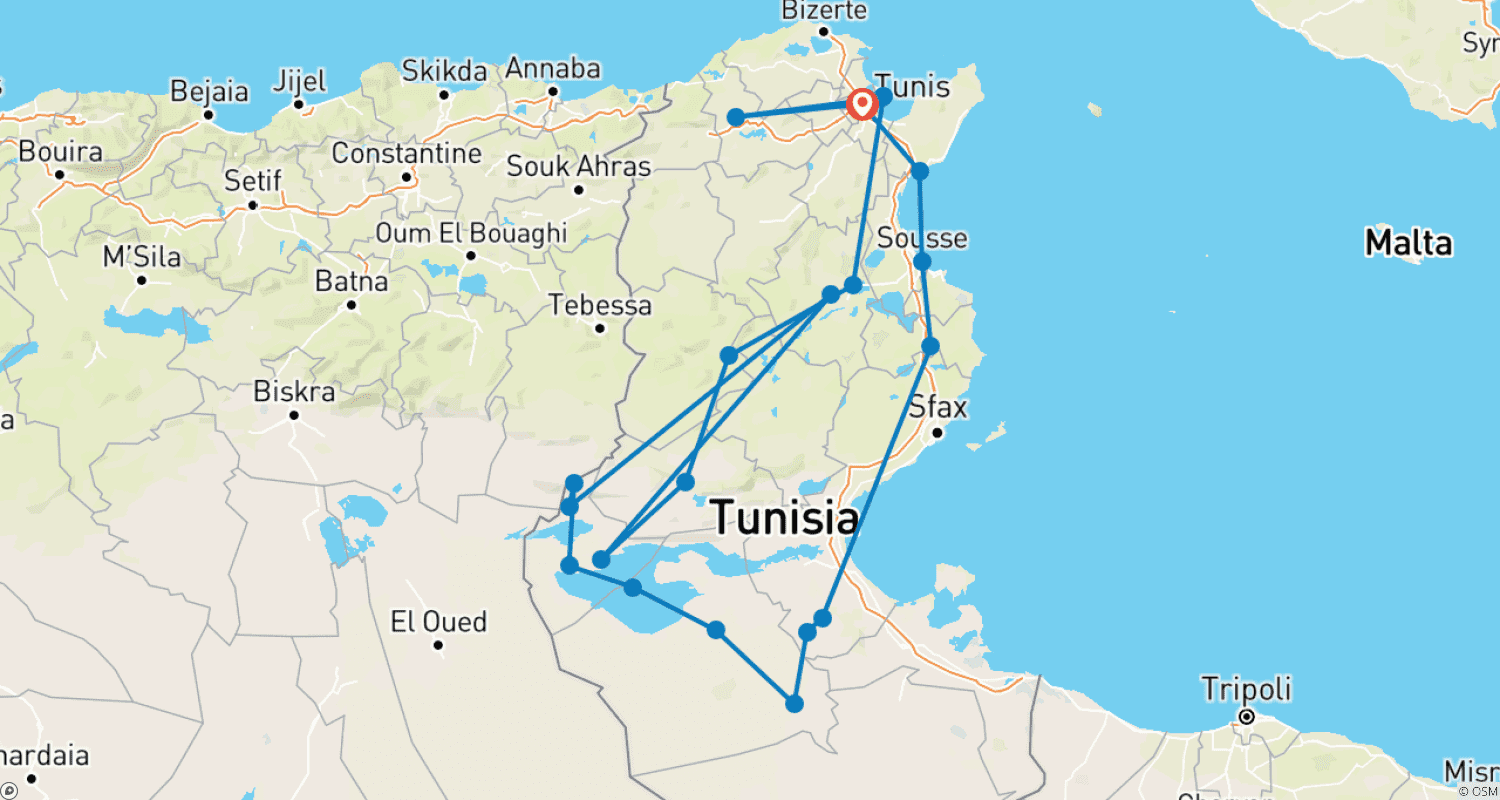 خريطة مسار مغامرة عجائب جنوب تونس 9 أيام/8 ليالٍ