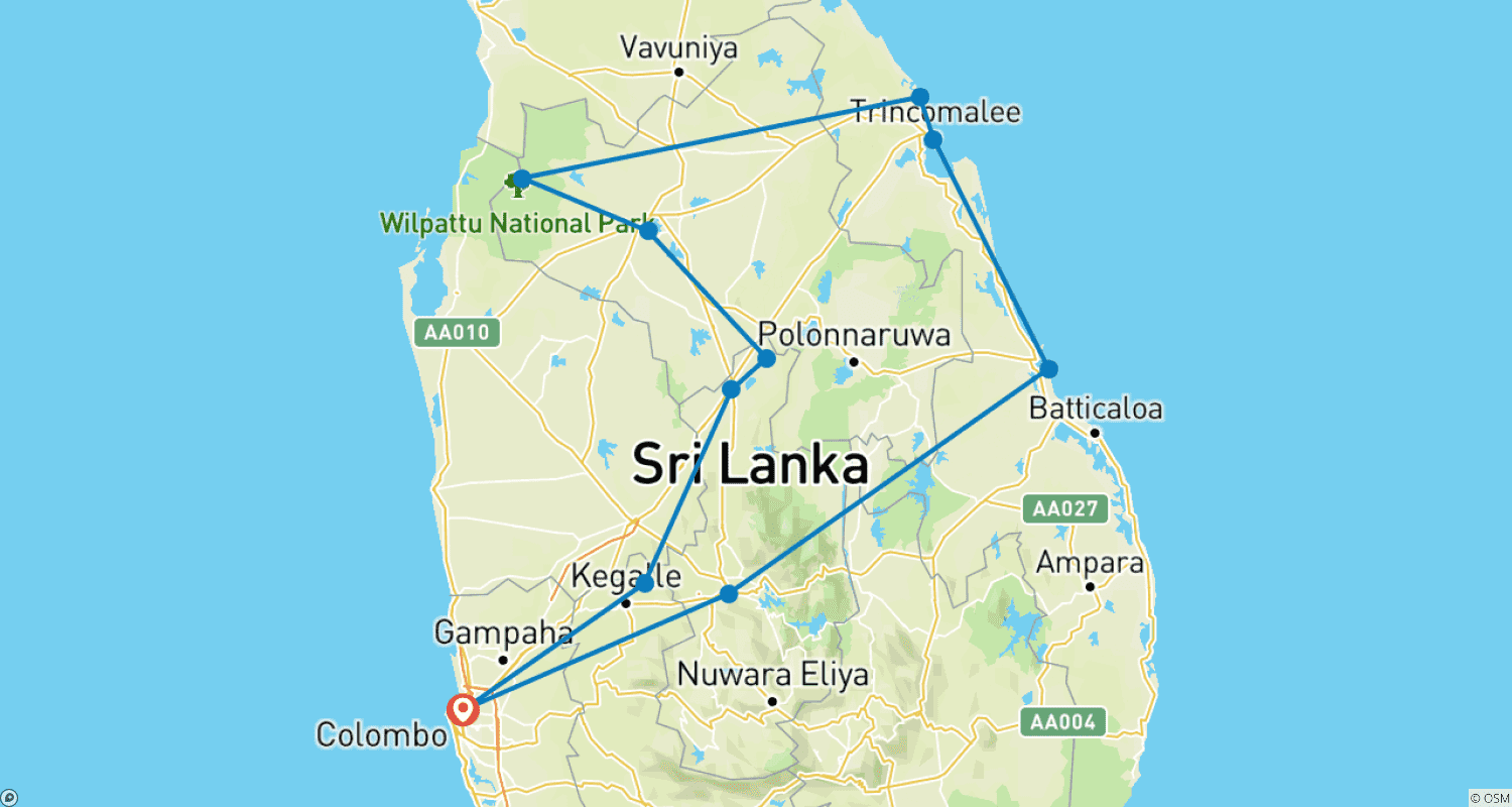 Mapa trasy: 12-dniowa wycieczka po Sri Lance