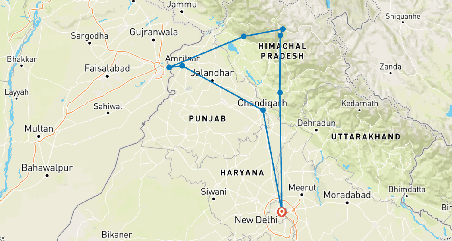 Mapa trasy: Prywatna 10-dniowa wycieczka samochodem po Himalajach ze Złotą Świątynią z Delhi