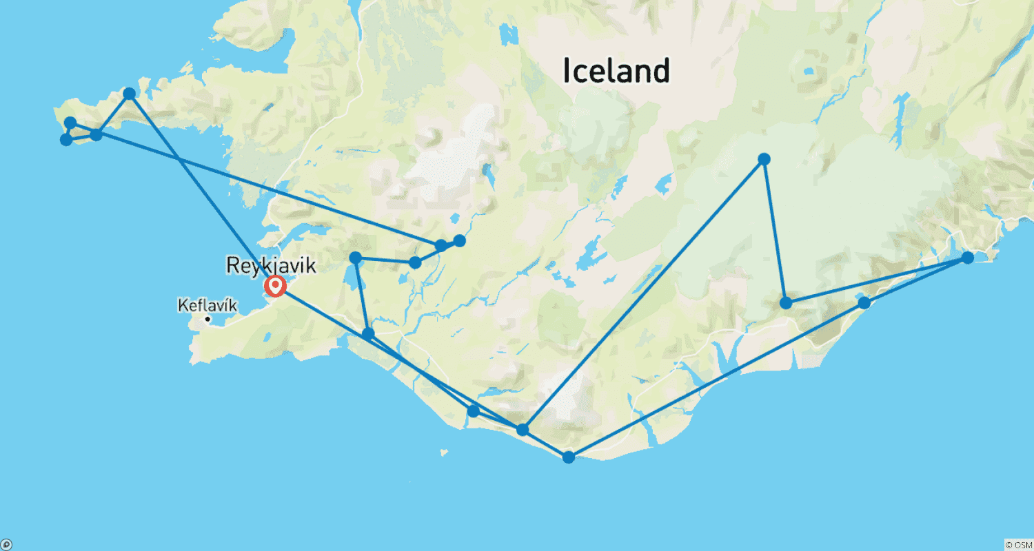 خريطة مسار 4 أيام الساحل الجنوبي والدائرة الذهبية وSnæfellsnes (جولة جماعية)