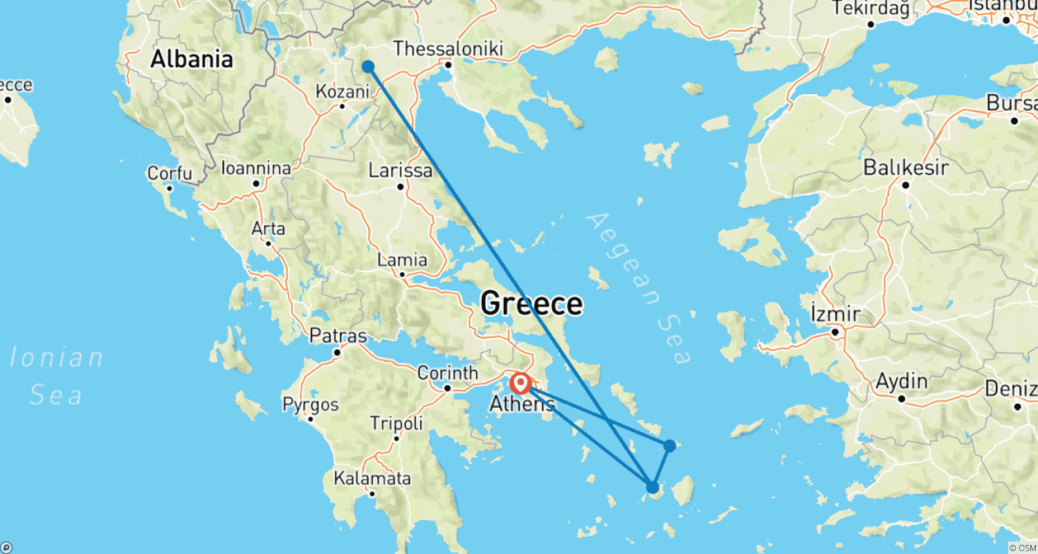Mapa do percurso de Passeio entre Ilhas Cíclades: Atenas, Mykonos e Paros
