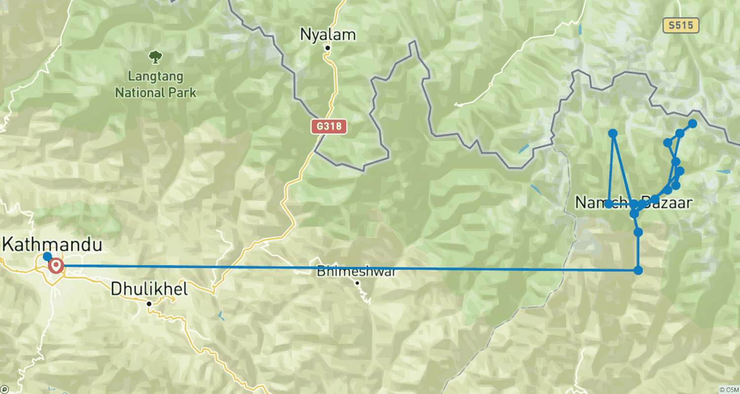 Mapa do percurso de Caminhada de 15 Dias ao Acampamento Base do Everest