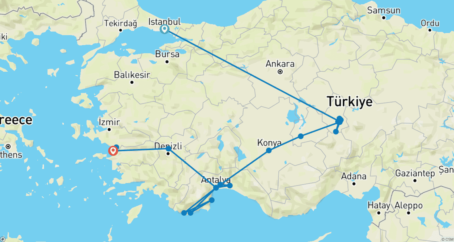 Mapa do percurso de 14 Dias - Destaques da Turquia & Fuga Azul