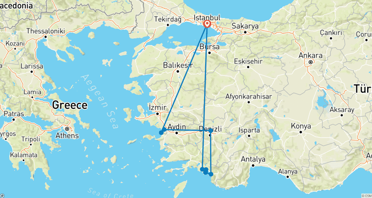 Mapa do percurso de 10 Dias - Joias da Turquia e Fuga Azul