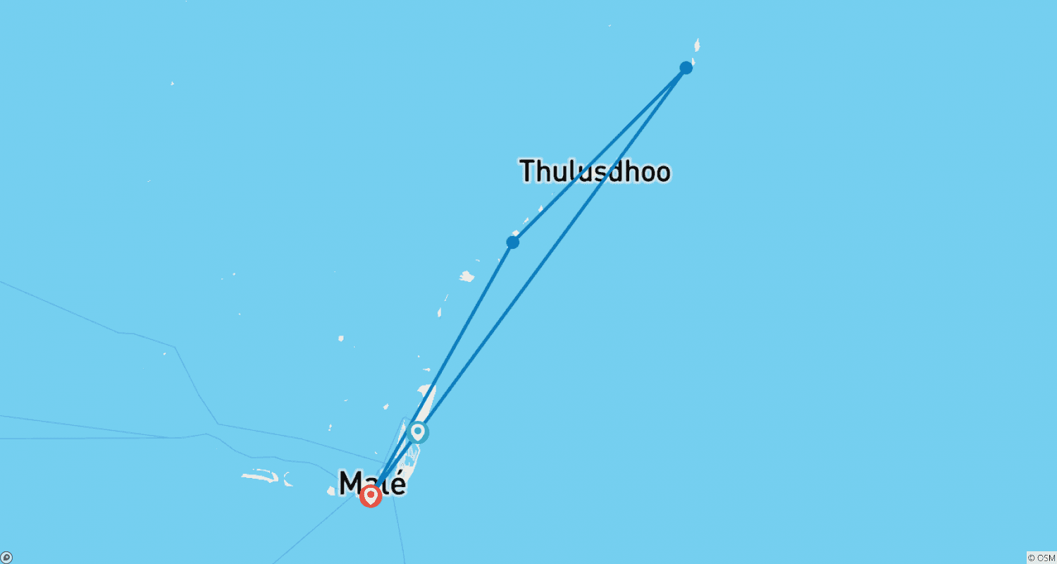 Mapa do percurso de Passeio entre Ilhas no Atol Male' do Norte - De Male' a Huraa e Dhiffushi