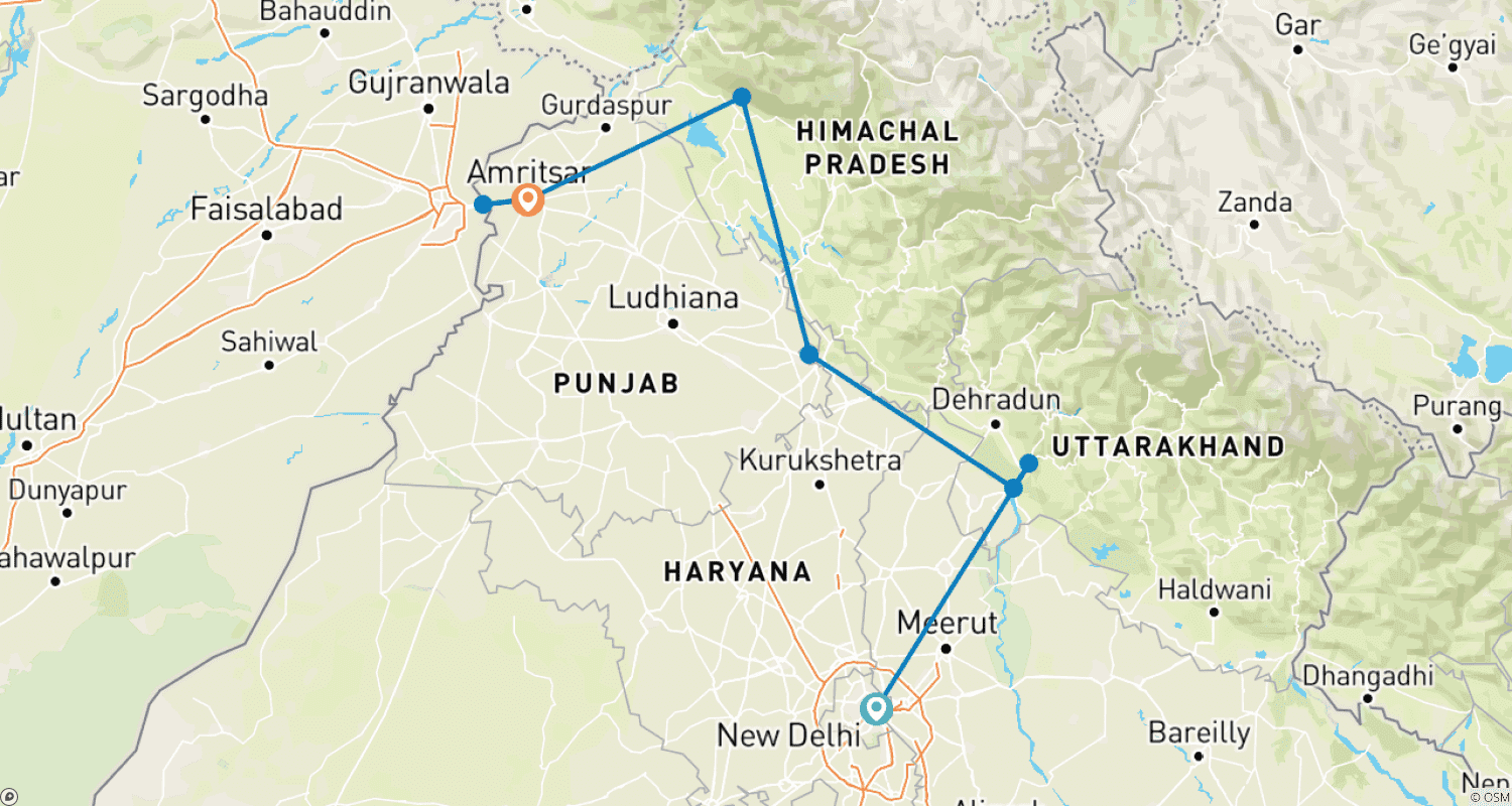 Mapa do percurso de Índia Espiritual - Yoga, Ganga e Templo Dourado