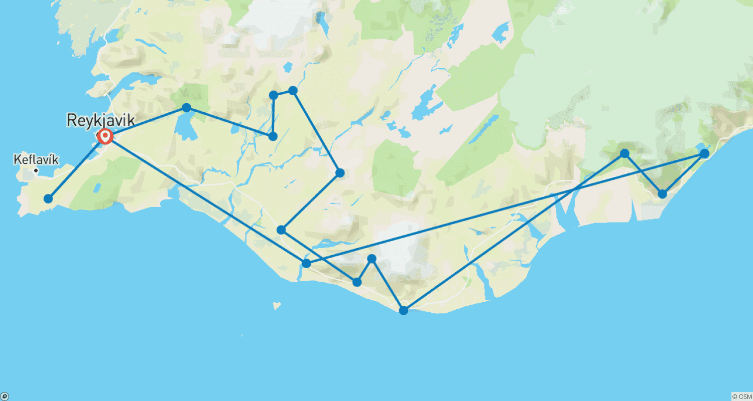 Mapa do percurso de Excursão de Ônibus Sabor da Islândia - 6 Dias/5 Noites (incluindo Hvolsvollur)