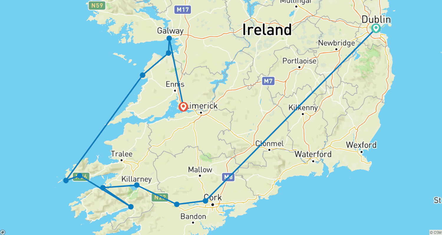 Mapa trasy: Najlepsze z Południowej Irlandii (Wycieczka D) - 6 dni/5 nocy