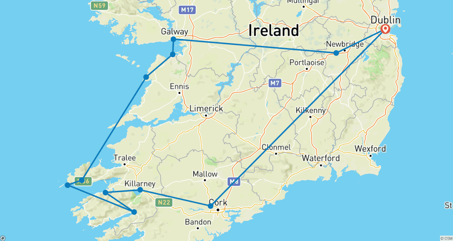 Mapa trasy: Najlepsze z Południowej Irlandii (Tour C) - 7 Dni/6 Nocy