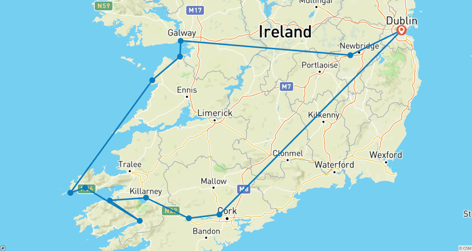 Mapa do percurso de O Melhor do Sul da Irlanda (Tour A) - 8 Dias/7 Noites (13 destinos)