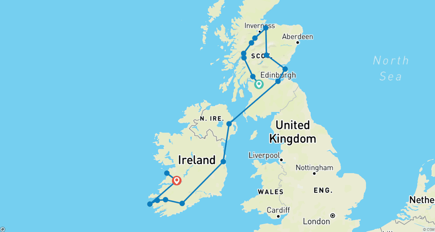 Mapa trasy: Smak Szkocji i Irlandii - 10 dni/9 nocy (w tym Loch Ness)