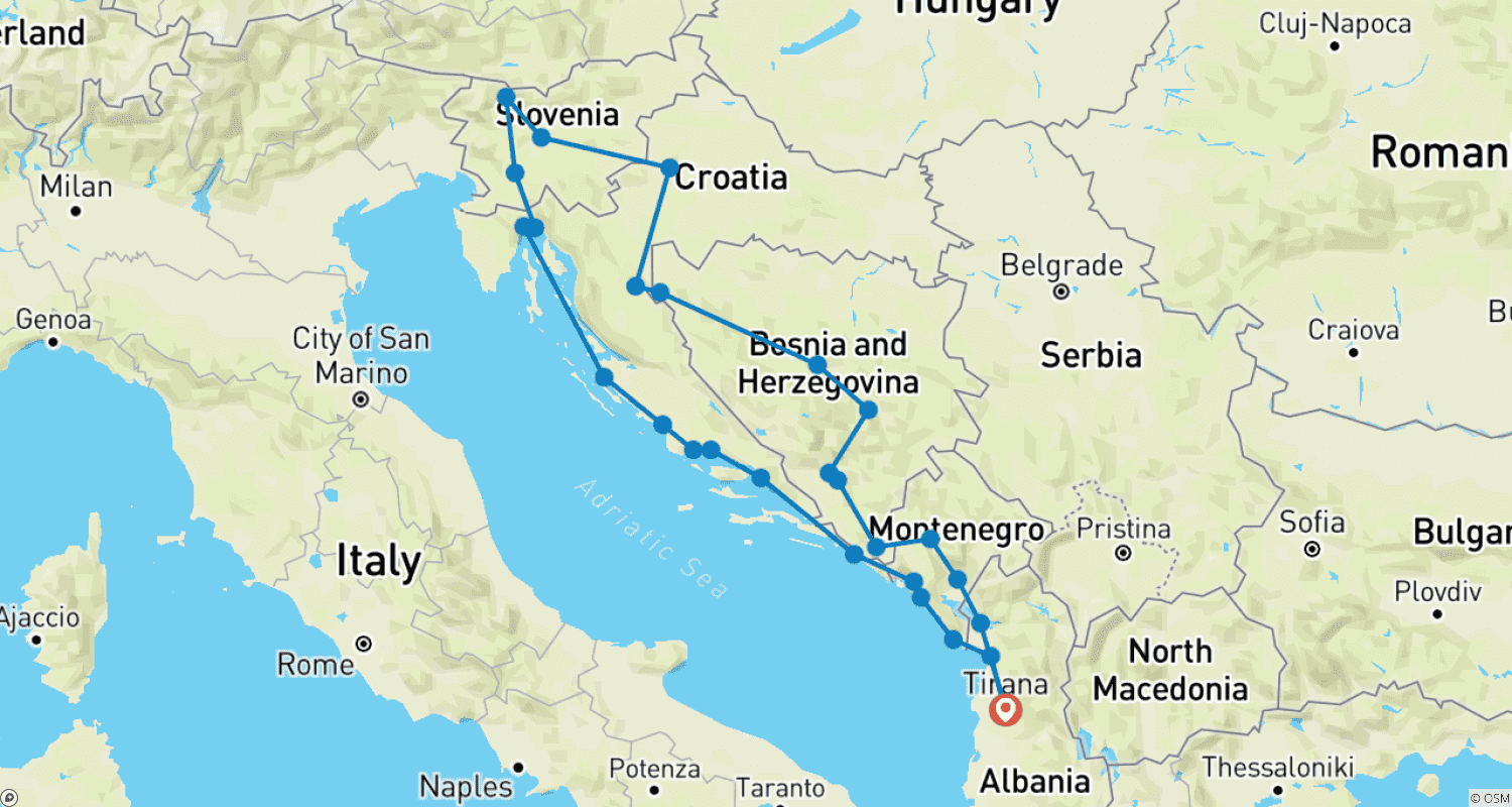 Mapa do percurso de Grande Tour Explorador da Europa "Rota da Dalmácia"