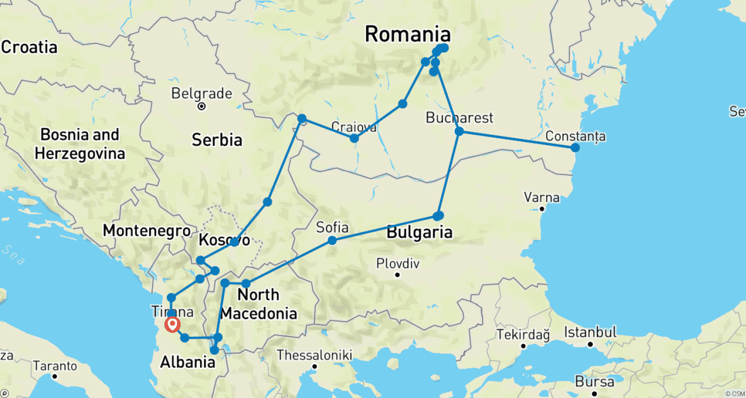 Mapa do percurso de Grande Tour Europe Explorer "Rota Dácia"