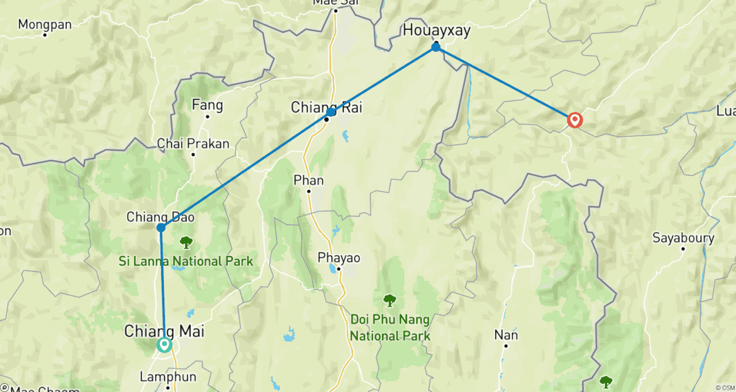 Mapa do percurso de Ciclismo de Chiang Mai a Pak Beng