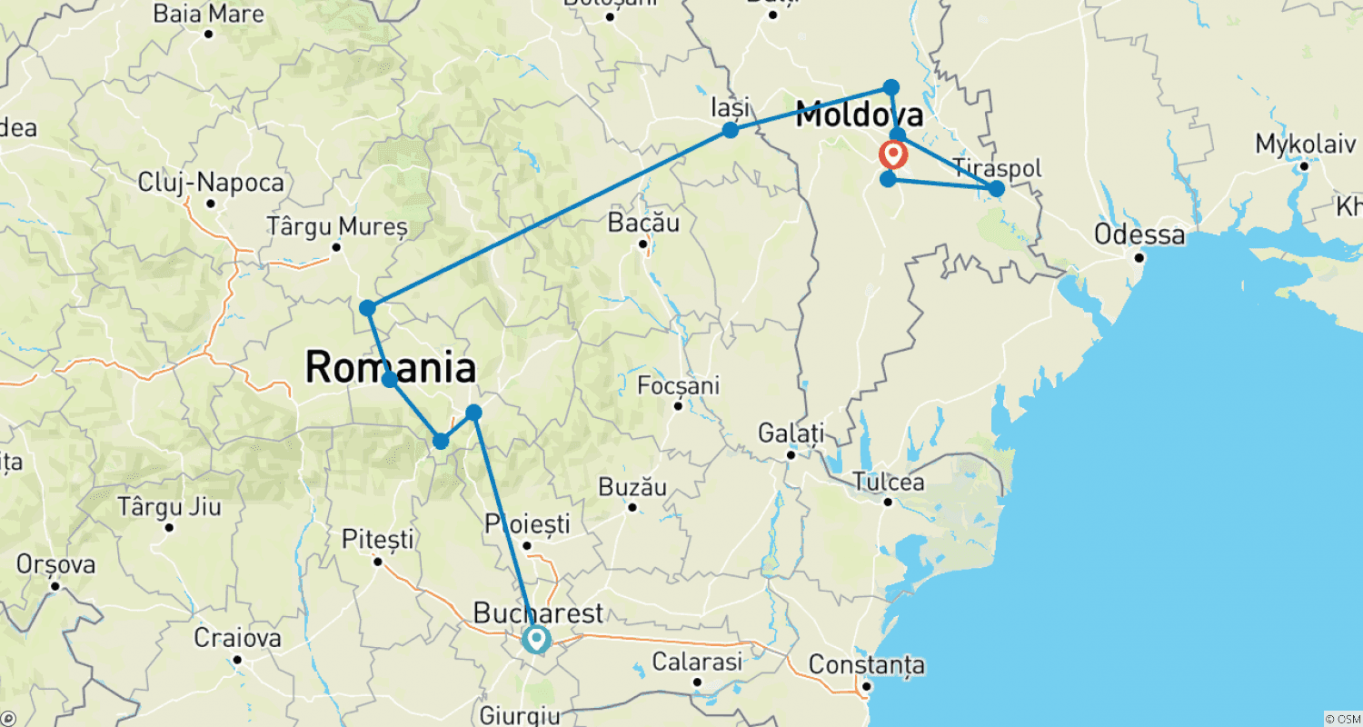 Mapa do percurso de Descubra a Moldávia: Uma Experiência de Vinho e Cultura de 8 Dias Incluindo a Transnístria e a Romênia