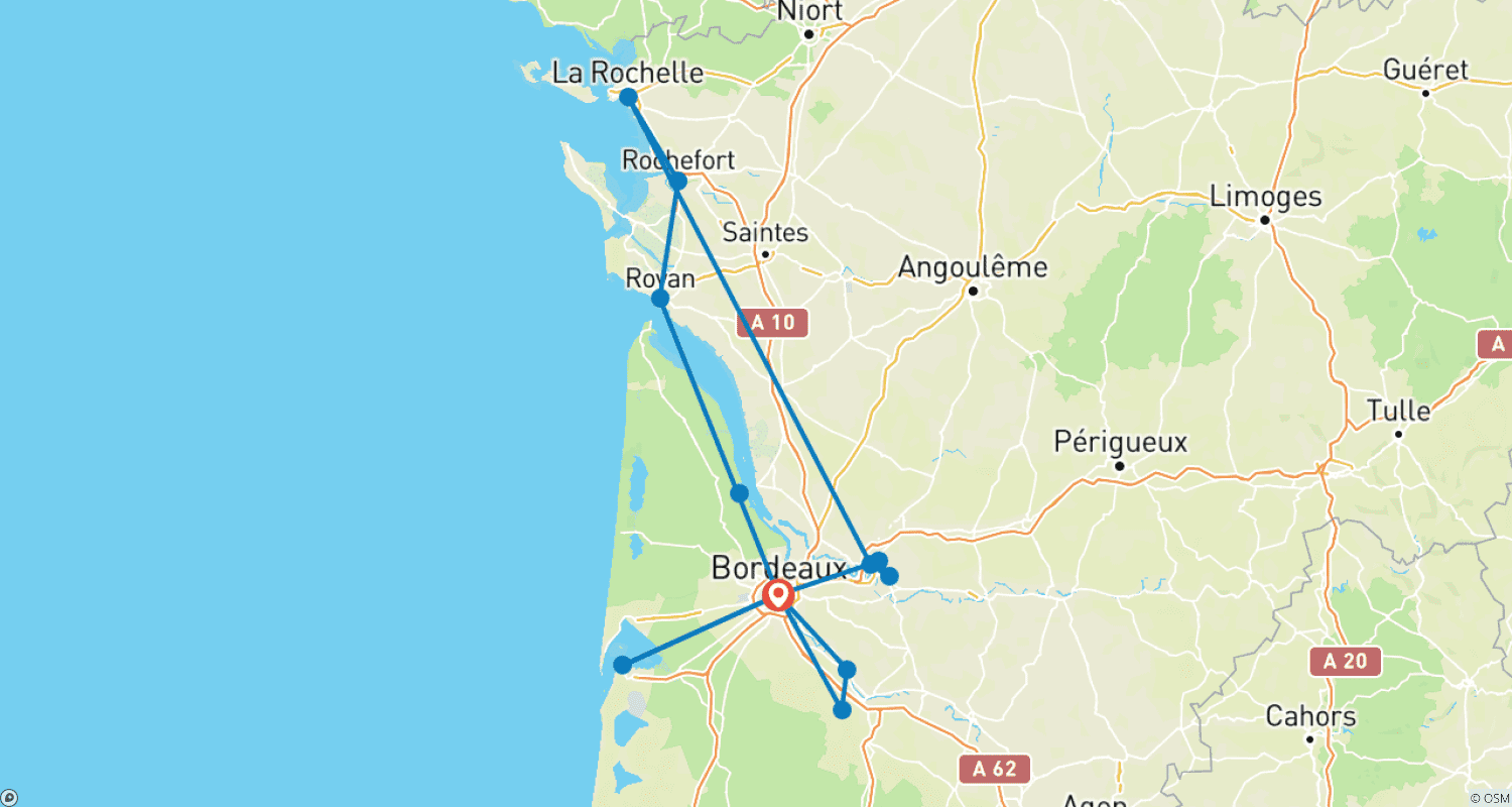 خريطة مسار رحلة بحرية عبر منطقة آكيتان من بوردو إلى رويان، على طول مصب نهر جيروند (Gironde Estuary) ونهرَي جارون وغارون (Garonne) ودوردون (Dordogne) (رحلة بحرية من ميناء إلى ميناء)