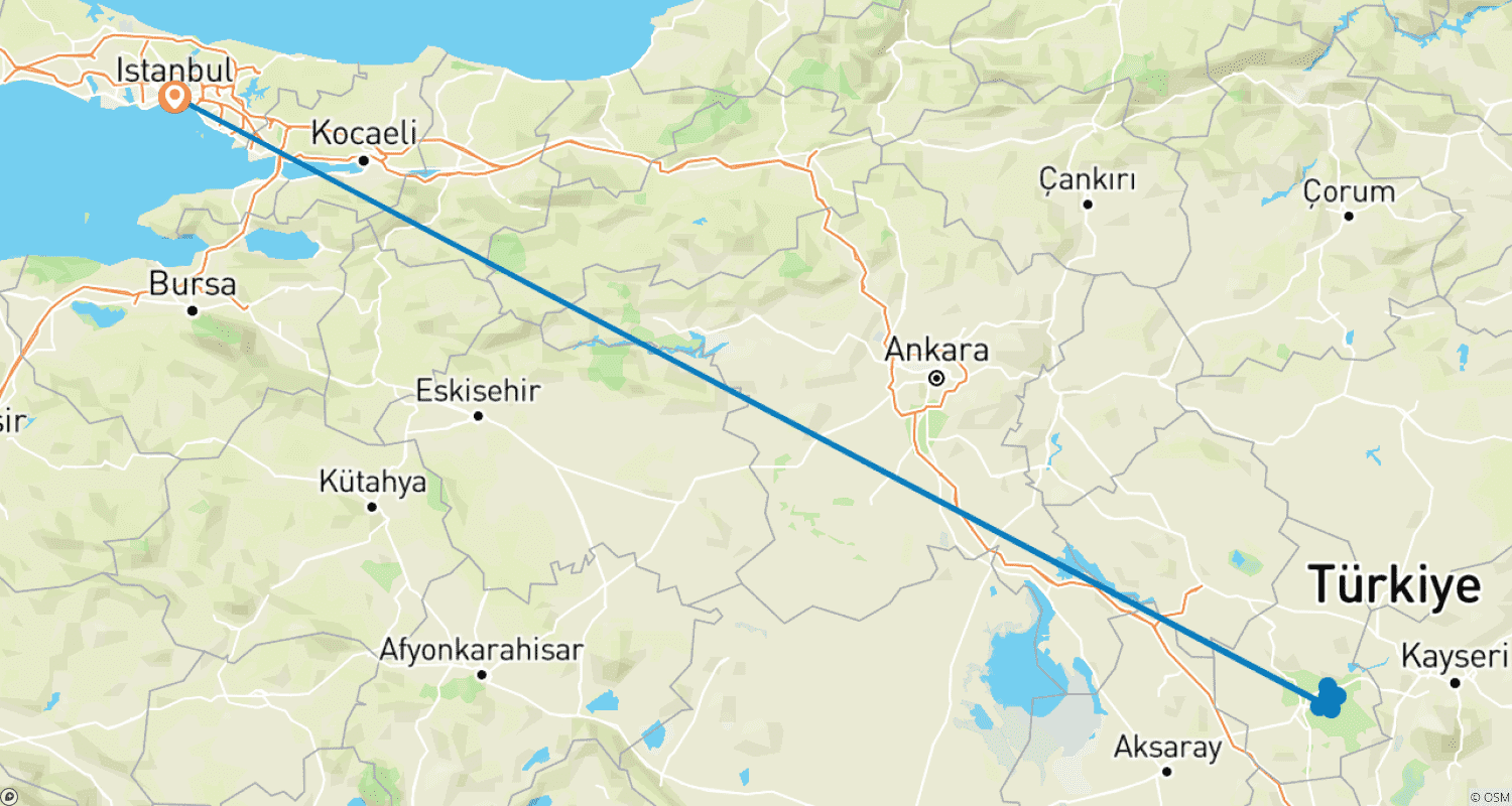 Mapa do percurso de 2 Dias na Capadócia saindo de Istambul com hotel caverna + balão opcional