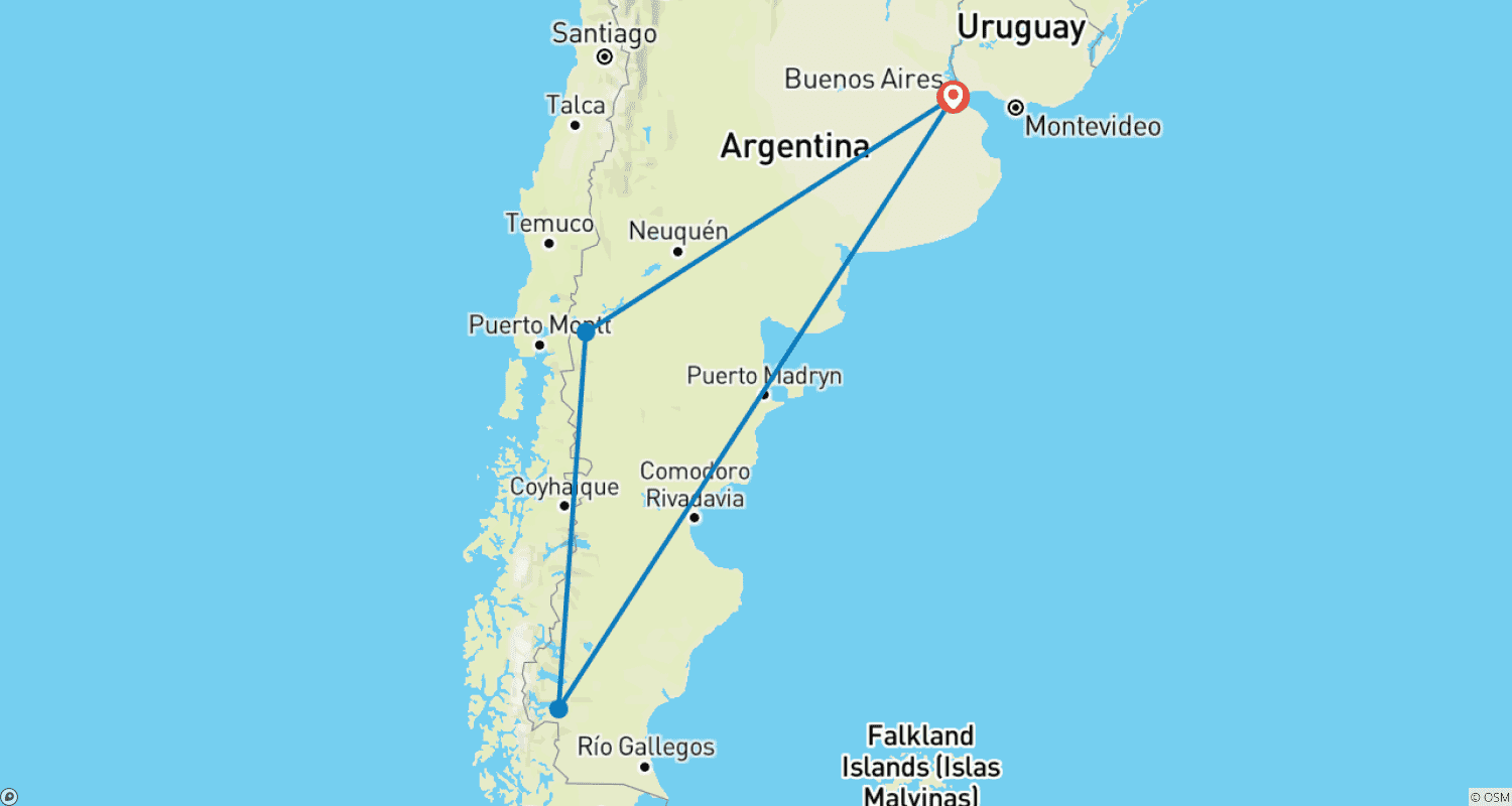 Triangulo Argentino: ブエノスアイレス - バリローチェ - エル・カラファテ 8日間 - 7泊のルートマップ