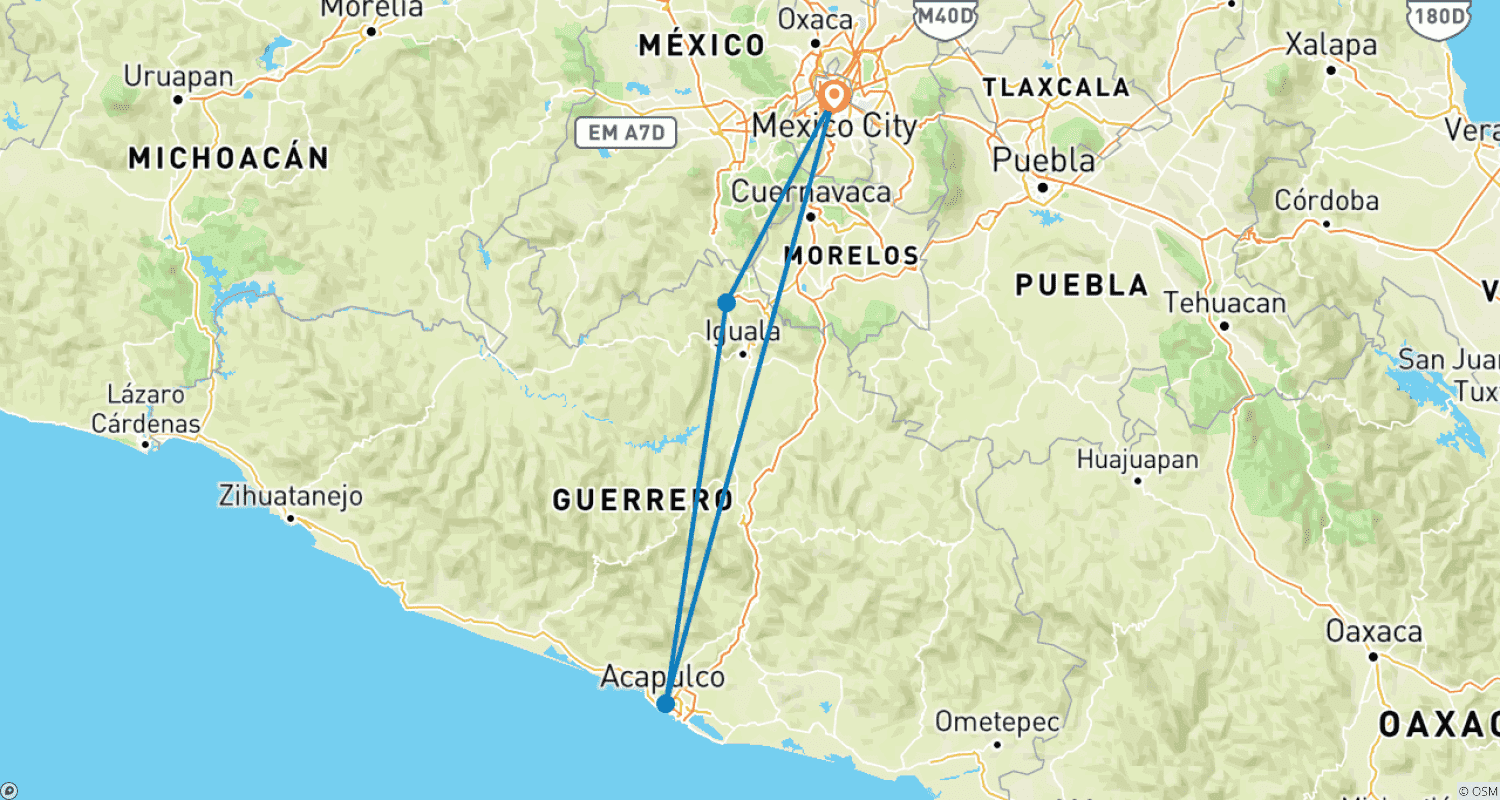 Mapa do percurso de México Mágico: Um Itinerário Fascinante de 8 Dias