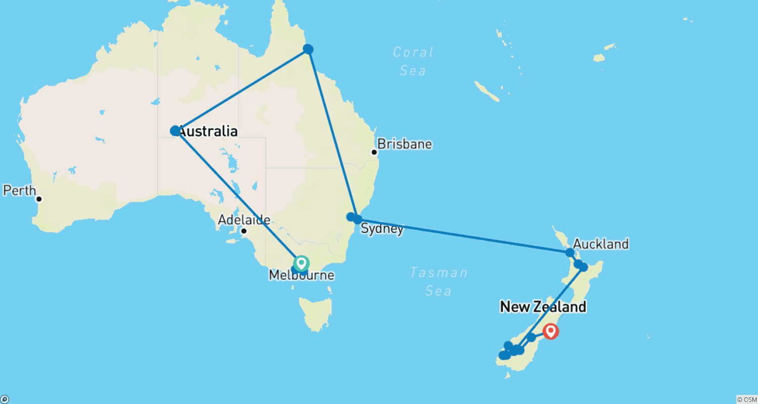 Mapa do percurso de Destaques da Austrália e Nova Zelândia (Com Voos Internos)