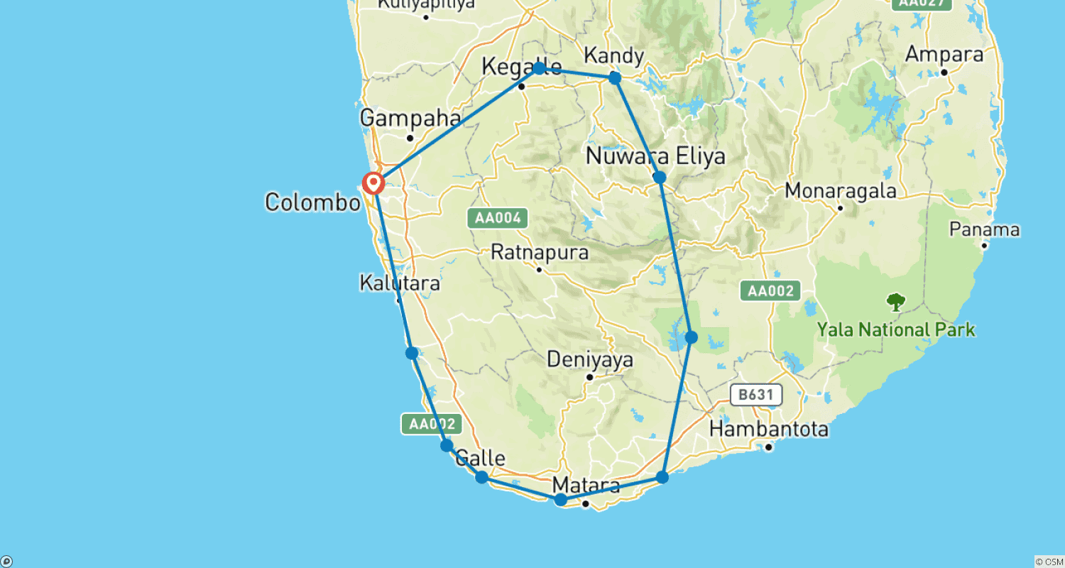 Sri Lanka 15 Day Itineraryのルートマップ
