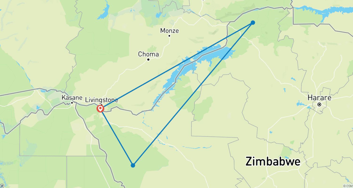 Mapa trasy: 7-dniowe Wyjątkowe Safari Lotnicze w Zimbabwe