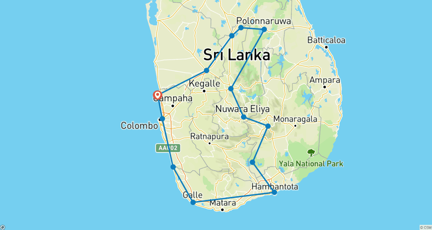 Mapa do percurso de Tour Semi-Luxuoso do Sri Lanka