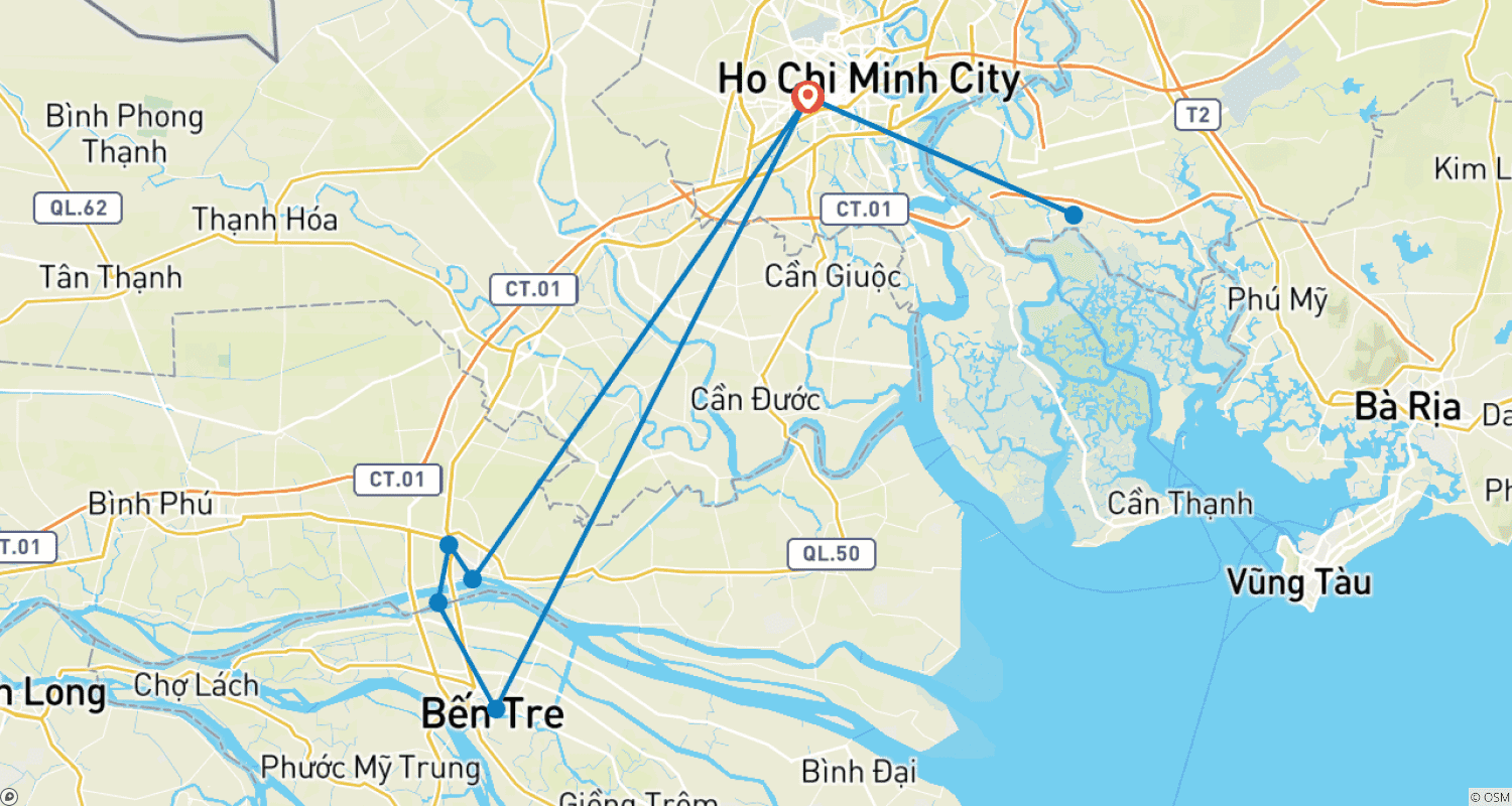 Mapa do percurso de Pacote Turístico de 4 Dias no Vietnã: Ho Chi Minh - Túnel Cu Chi - Delta do Mekong