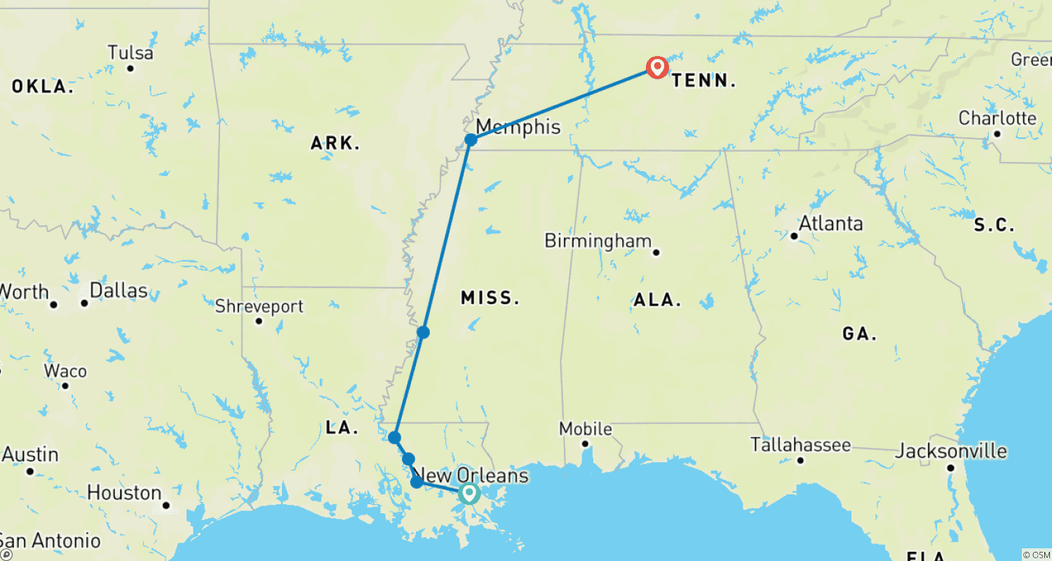 Mapa do percurso de Coração do Delta: Nova Orleans, Luisiana a Memphis, Tennessee