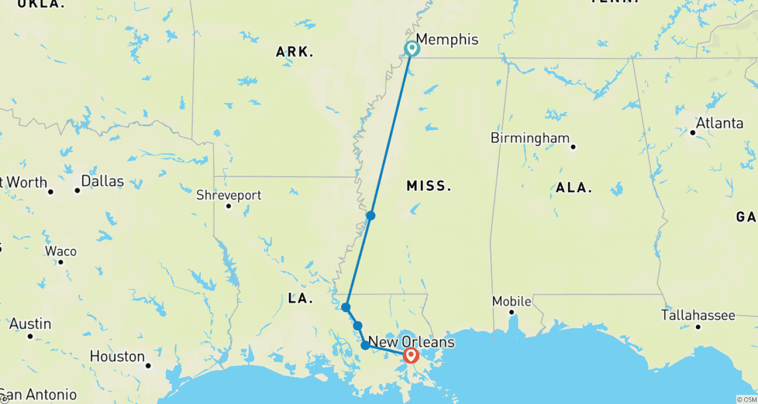 Mapa do percurso de Coração do Delta: De Memphis, Tennessee a Nova Orleães, Louisiana